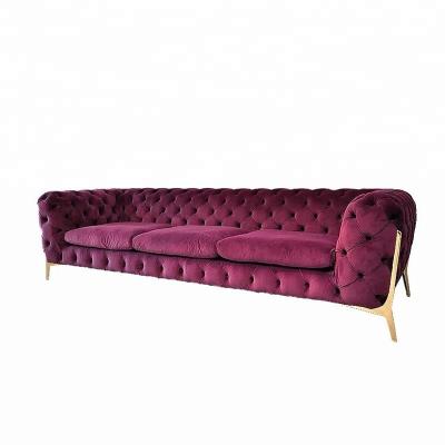 China New Design Hotel Sofa Velvet Chesterfield Sofa Fabric Gold Stainless Steel Legs 3seat Lobby Sofa Tufted Home Furniture for sale