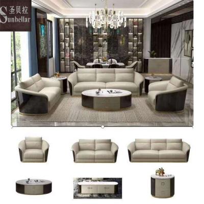 China Latest Design Tufted Living Room Sofa Set Sofa TV Stand Cabinet Marble Coffee Table Modern Genuine Leather Living Room Furniture Set for sale