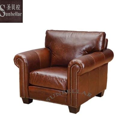 China Vintage America Furniture Antique Genuine Leather Sofa Arm Roll Armchair Luxury Home Tan Leather Single Seat Comfortable for sale