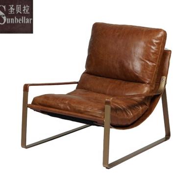 China Retro Vintage Metal Frame Lounge Armchair Reclining Leather Lounge Chair For Sale Reclining Iron Accent Chair Tan Leather for sale