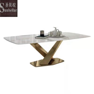 China Modern Luxury Rectangular Metal Marble Steel Bracket Dining Table Furniture Marble Top Table For Home Kitchen for sale