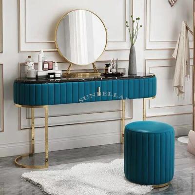 China Morden New Design Dressing Table Modern Marble Top Steel Legs Console Table With Mirror And Stool For Bedroom for sale