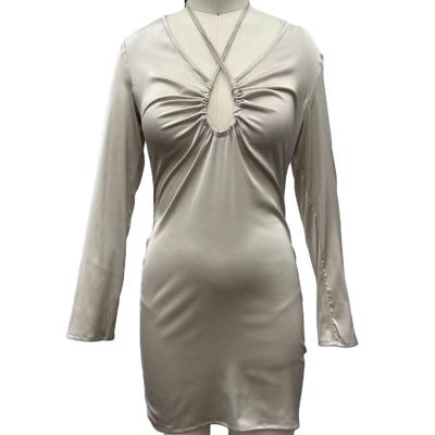 China Keyhole Details Halter Neck Stretch Anti-Static Stretch Satin Mini Dress for sale