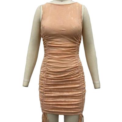 China New Arrival Anti-Wrinkle Women's Clothing New Arrival Mesh Drawstring Ruched Ladies Casual Sleeveless Round Neck Butterfly Neck Best Selling Dress for sale