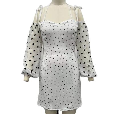 China Anti-Wrinkle New Arrival Best Selling Women Clothing Off The Shoulder Strap Balloon Sleeve Polka Dot Ladies A Double Line Casual Dress for sale