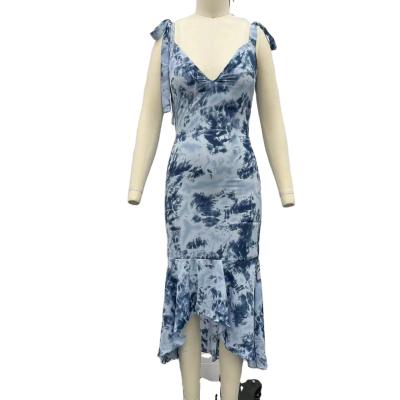 China Anti-Wrinkle New Arrival Fashion High Low V-Neck Tie Shoulder V-Neck Tie Dye Midi Casual Outfits for sale