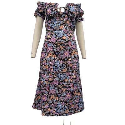 China Anti-wrinkle newcomer hit fashion floral print off the shoulder short sleeve Midi casual dress for sale