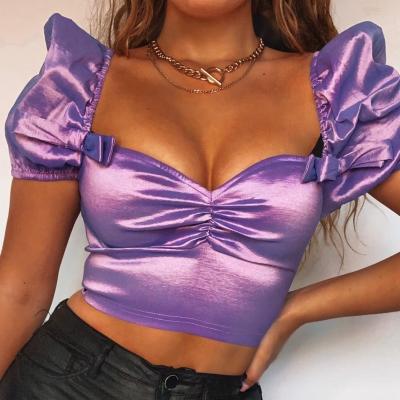 China 2022 Anti-Wrinkle Trending Women's Breath Sleeve Taffeta Bow Detail Crop Top for sale