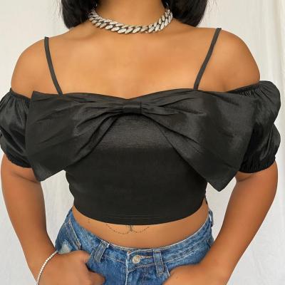 China 2022 Anti-Wrinkle Stretching Women's Off Shoulder Taffeta Bow Crop Top for sale