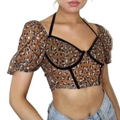 China Anti-Wrinkle Success Fashion Leopard Print Puff Sleeve Halter Strap Crop Top for sale