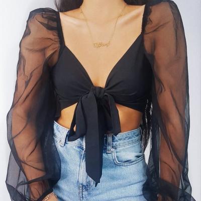 China Best Selling Sheer Tie Front Multi Way Crop Top Organza Sleeve Anti-Wrinkle for sale