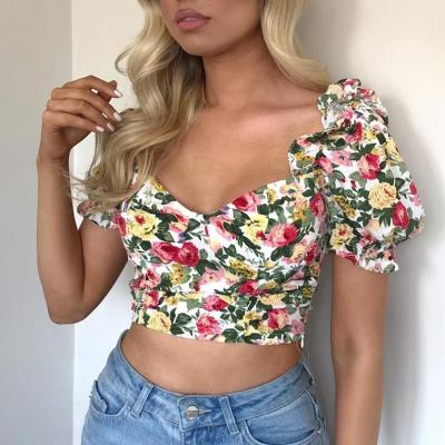 China Best Selling Floral Anti-Wrinkle Puff Sleeve Crop Top for sale