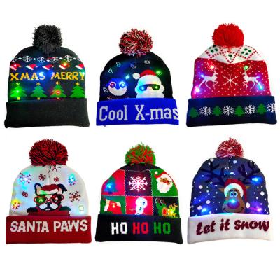 China COMMON LED Christmas Hats Sweater Knitted Beanie Christmas Santa Light Up Winter Hat For Kids Adults for sale