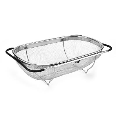 China Sustainable Kitchen Stainless Steel Fruit Vegetable Mesh Expandable Over Sink Colander Perforated Strainer With PP Handles for sale