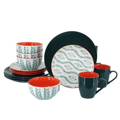 China Sustainable New Design 16Pcs Porcelain Dinner Set Two Tone Glazed Pad Printing Dinnerware for sale