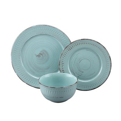 China Excellent Sustainable Material Archaize Design Brushing Embossed Dinner Set Stoneware For Kitchen for sale