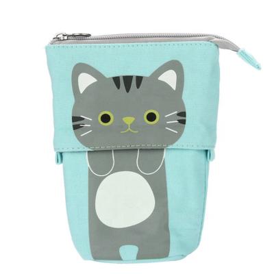 China Lovely Custom Wholesale Reusable Pen Bag Cases Canvas Pencil Roll Pouch Schools Cartoon Cute Cat Telescopic Pouch for sale