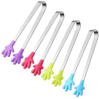 China Colorful 5 Inch Mini Silicone Hand Shape Food Viable Tongs Children Small Tongs For Serving Food for sale