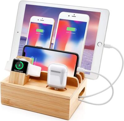 China Mobile Phone Tablet MP3 GPS Bamboo 6 in 1 USB Charging Dock 5 Port for Mobile Phone Tablet Smart Watch Holder Earbuds Dock Organizer for sale