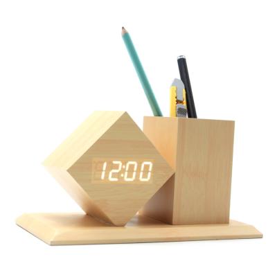 China Classroom Stand Creative Alarm Clock Voice-activated Silent Led Wooden Clock Electronic Gifts Fashion Whole Seat Clock Makers for sale