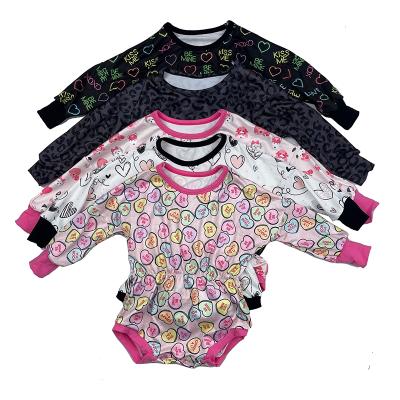 China Organic Spandex/Polyester Romper Elasticity Hot Pink Long Sleeve Cotton Baby Sweatshirt Romper Valentine's Day Clothing for sale