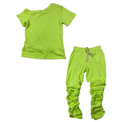 China Casual 40 Colors Little Girls Plain Cotton Stacked Pants Set Kids Stacked Jogger Pants Two Piece Set for sale