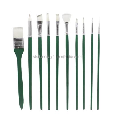 China Artist Green Watercolor Brush Nylon 10pcs Wood Handle Customized Oil Paint Brush Set for sale