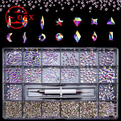 China Nail Art DIY Decoration Osx Customized Mix Size Multi Shapes Glass Crystal Ab Flatback Nail Rhinestones Kit with Professional Wax Pen Packaged Box for sale