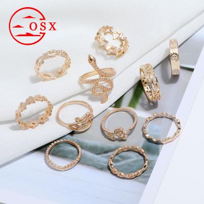 China Wholesale Diamond Fashion Knuckle Ring Punk Full Style Hollow Star Rose Flower Ring Metal Set for sale