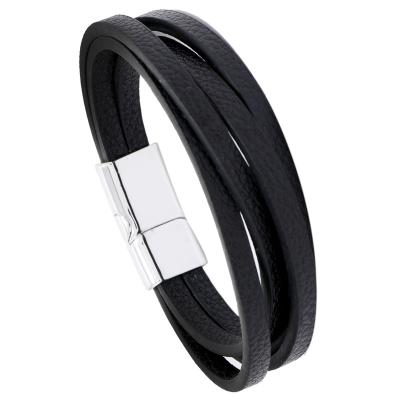 China Wholesale Cheap Simple Wide Black Leather Men's Retro Vintage Magnet Bangle Steel Buckle Leather Bracelets for sale