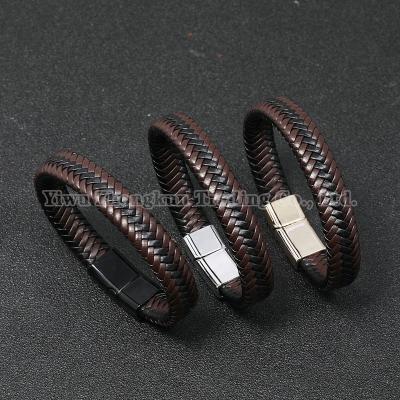 China Vintage Factory supplies woven leather tennis sports bracelet stainless steel bracelet dating gift friendship couple bracelet for sale