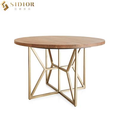 China 120cm Natural Round Solid Wood Top Dining Table With Metal Legs for sale