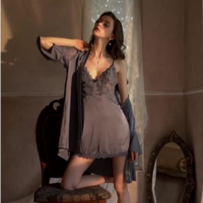 China Leisure Autumn Satin Chest Pad Suspender Nightgown Women's Deep V Lace Pajamas for sale