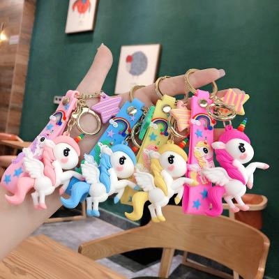 China Creative Cute Feminine Rainbow Pony Unicorn Cartoon Car Key Chain Rubber Men And Women Net Red Satchel Hanging Set Luxury for sale