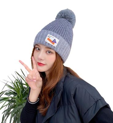 China COMMON Knit Beanie Streetwear Woven Label On Cuffed Beanies Acrylic Hats With Pompom Warm Knitted Winter Hat Wholesale for sale