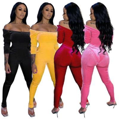 China Rose Fashion 2021 Sexy Black Anti-Wrinkle Clothing 4 Colors Off Shoulder Velvet Overalls Long Sleeves One-Piece Clothing Set Overalls Outfit for sale