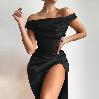 China Anti-Static Elegant Slim Off-Shoulder Dress Fashion Spring Coldker Sleeveless Solid Sexy Long Women's Lady Dress for sale