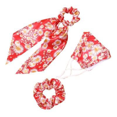 China Fashion Reusable Hot Selling Custom Scrunchies Flower Hair Ring Hair Band Face Mask Set for sale