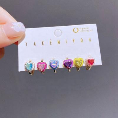 China New Designer 6pcs TRENDY Multicolor Zircon Heart Circle Earrings Set Gold Plated Fashion Earings Women Jewelry for sale