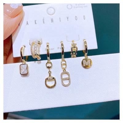 China TRENDY 6pcs Zircon Paved Geometric Circle Long Dangle Earrings Set With Ear Clip Gold Plated Women Luxury Jewelry for sale