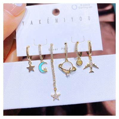 China 6pcs Trendy Trendy Huggie Saturn Moon Flat Star Dangle Earrings Set For Women Gold Plated Zircon Earings Jewelry for sale