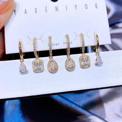 China FASHIONABLE High End 3 Pairs Zircon Crystal Rectangle Water Drop Earrings Set Gold Plated Women Huggies Luxury Jewelry for sale