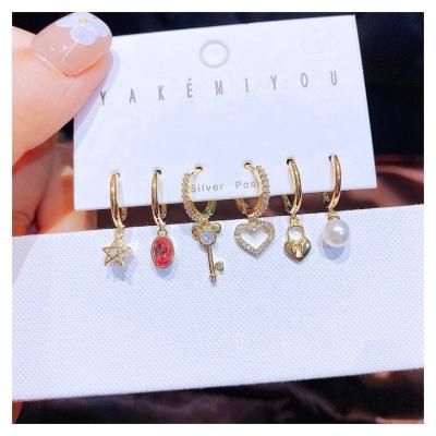 China FASHIONABLE Design 6pcs Mixed Zircon Crystal Star Heart Key Lock Circle Dangle Earrings Set Gold Plated Women Jewelry for sale