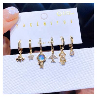 China New Design 6pcs TRENDY Outer Space Dangle Earrings Set Gold Color Zircon Star Huggies Women Jewelry for sale