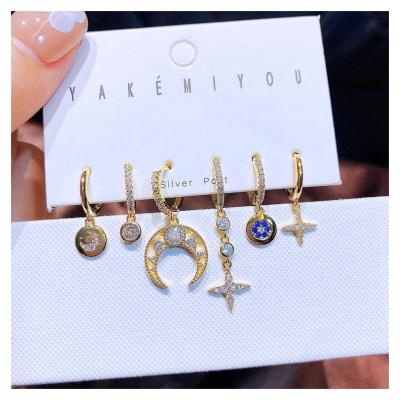 China Luxury FASHIONABLE Design 6pcs Zircon Crystal Moon Star Charms Hoop Huggies Earrings Set Gold Plated Women Jewelry for sale