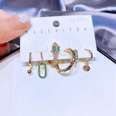 China FASHIONABLE Design 6pcs Luxury Geometric Zircon Snake Circle Drop Earrings Set Gold Plated Copper Women Jewelry for sale