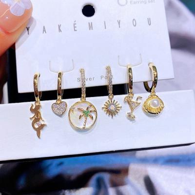 China Fashion Zircon TRENDY Cocktail Shell Tree Dangles Hoop Earrings Set 14K Gold Plated Women Huggies Jewelry for sale