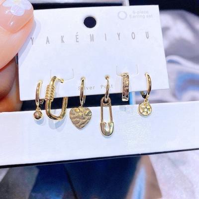 China TRENDY 6pcs Gold Plated Pin Heart Geometric Dangle Earrings Set Fashion Women Huggies Circles Copper Jewelry for sale