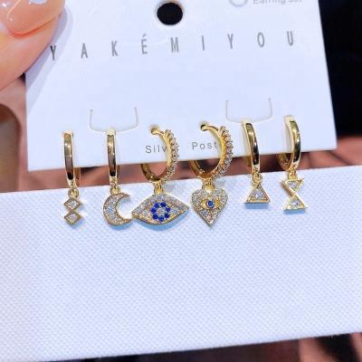 China FASHIONABLE Design 6pcs Blue Zircon Eye Heart Drop Earrings Set Crystal Geometric Huggies Hoops Jewelry Gold Plated for sale