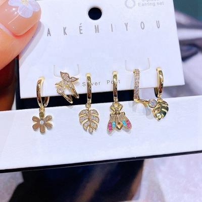 China FASHIONABLE Trend 6pcs Zircon Paved Leaf Bee Butterfly Dangle Earrings Set For Women Gold Plated Fashion Jewelry for sale